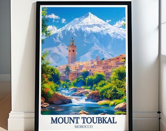 Póster del monte Toubkal - Póster de las montañas del Alto Atlas - Arte de pueblos bereberes - Arte de las montañas del Atlas - Impresión del monte Toubkal - Arte mural del monte Toubkal