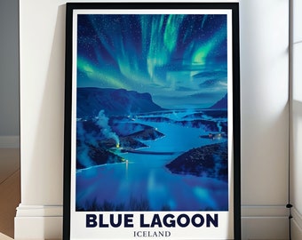 Blue Lagoon Travel Poster - Northern Lights and Blue Lagoon Decor  -  Blue Lagoon and Northern Lights Artwork - Northern Lights Prints