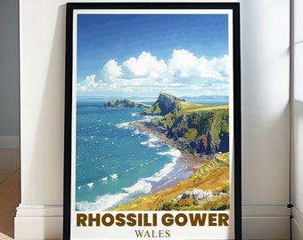 Rhossili Gower Travel Art - Worms Head Travel Poster- Rhossili Gower and Worms Head Prints - Rhossili Gower Decor and Worms Head Posters