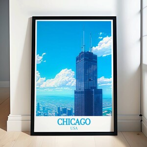 Chicago fotoposterafdrukken - Willis Tower Decor - Willis Tower en iconische monumenten - Chicago zwart-witte muurkunst