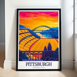 Plakat podróżniczy „Pittsburgh Wall Art” – Most Fort Pitt i Stadion Heinza – Wydruk podróżniczy „Pitt Bridge i Stadion Heinza” –