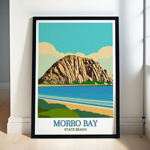 Morro Bay State Beach Travel Print - Morro Rock and California Art Prints -  Morro Bay and Morro Rock Art - Morro Rock Travel Poster