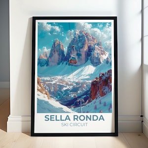 Könnte beinhalten: Ein gerahmtes Poster mit einem farbenfrohen Bild eines Skilifts in den italienischen Alpen. Das Poster trägt den Text "Sella Ronda Ski Circuit" am unteren Rand.