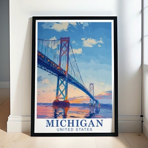 Cartaz de Michigan - Impressão da Ponte Mackinac - Impressão de Viagem da Ponte Mackinac - Decoração da Ponte Mackinac - Presente de Viagem de Michigan