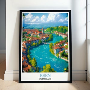 Bern Reise Kunst - Aare Fluss Gelassenheit - Zeitlose Eleganz von Bern: Gerahmte Vintage Reise Poster