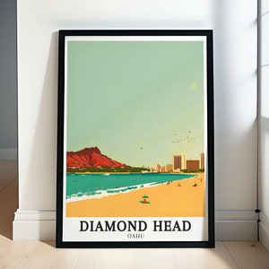 Diamond Head Travel Poster - Waikiki Beach and Honolulu Skyline Art - Hawaii Prints - Diamond Head Decor - Diamond Head Gift