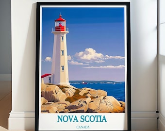 May include: A framed illustration of a white lighthouse with a red roof against a blue sky with white clouds. The lighthouse is on a rocky shore with a body of water in the background. The text "NOVA SCOTIA CANADA" is at the bottom of the image.