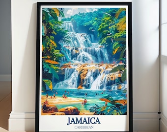Impresión de Jamaica - Póster de las cataratas del río Dunn - Arte mural de Jamaica - Impresión de playa de Ocho Ríos - Impresión en lienzo de Jamaica - Río Dunn, Jamaica (enmarcado)