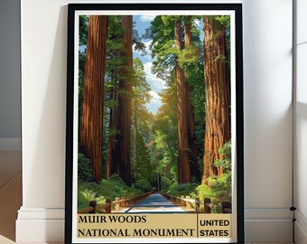 May include: A framed poster with a photograph of a forest path lined with tall redwood trees. The poster has the text "Muir Woods National Monument United States" at the bottom.