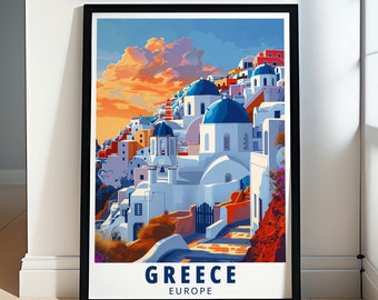 Póster de viaje de Santorini, Grecia / Impresión de arte mural con cúpulas azules de Oia / Decoración costera enmarcada o en lienzo / Vista de la isla del Egeo para interiores del hogar