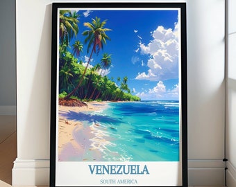 May include: A vintage travel poster with a blue sky, white clouds, and palm trees on a beach with turquoise water. The text on the poster reads "VENEZUELA, SOUTH AMERICA".