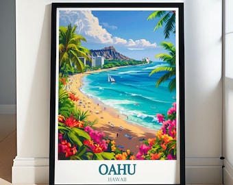 Arte mural de Oahu - Póster enmarcado de Diamond Head - Impresión en lienzo de Oahu - Póster de Oahu - Regalo y recuerdo de viaje de Oahu - Póster de viaje de Oahu