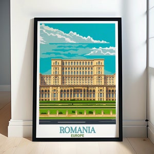 Poster di viaggio in Romania - Arte del Palazzo del Parlamento - Regali in Romania e bellissime opere d&#39;arte murali - Stampe e decorazioni di viaggio in Romania