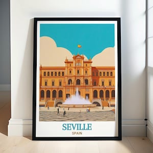 Impression de voyage de Séville, Espagne, art mural, affiche de la Plaza de España, décoration d'architecture d'Andalousie, cadeau pour les amoureux de l'Europe, encadrée ou toile, art du paysage urbain