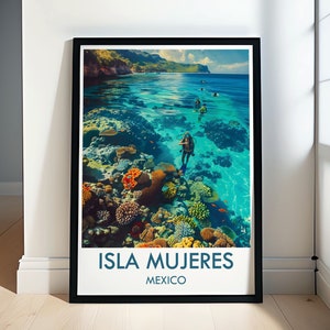 Isla Mujeres Artwork - Vibrant Reef and Island Skyline  Travel Poster - Garrafon Reef and Skyline  Print
