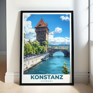 Opera d&#39;arte di Costanza - Stampa Rheintorturm - Poster panoramico tedesco - Stampa artistica di viaggio - Decorazione murale in Germania Arte di viaggio panoramica - Serena Germania
