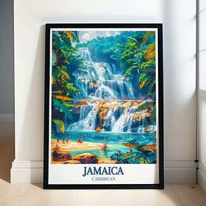 A beautiful illustration of Dunns River Falls in Jamaica, showcasing the cascading waters and lush greenery. This poster captures the natural beauty and tranquility of this iconic waterfall, inviting viewers to explore its vibrant surroundings.