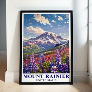 Mount Rainier Travel Poster - Wildflower Meadow Artwork - Captivating USA Art - Washington Adventure Travel Gift