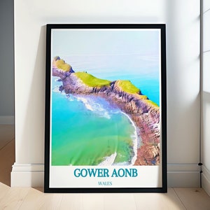 Gower Peninsula in Art - Vintage Gower AONB Travel Poster with Iconic Rhossili Bay Views - Rhossili Bay and Worm&#39;s Head Vintage Print -