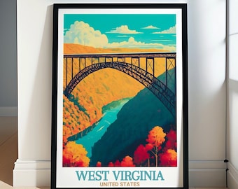 West Virginia Travel Poster - New River Gorge Bridge Vintage Travel Posters- New River Gorge Bridge and USA Travel Art -West Virginia Decor