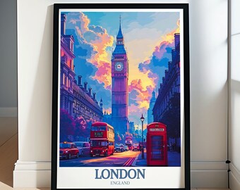 Plakat z podróżą po Londynie – wydruk na płótnie lub w ramie, nowoczesna dekoracja ścienna z Big Benem i London Eye