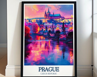 Charles Bridge Prague Travel Poster | Prague Castle Wall Art Print | Framed or Canvas Czech Republic Landmark Decor for Home or Office