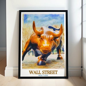 Wall Street Travel Poster - Charging Bull Art and Wall Street Prints - Charging Bull Poster - Wall Street Skyline Print