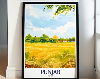 May include: A framed poster with a colorful illustration of a field of wheat with a golden building in the distance. The poster has the text "PUNJAB INDIA" at the bottom.