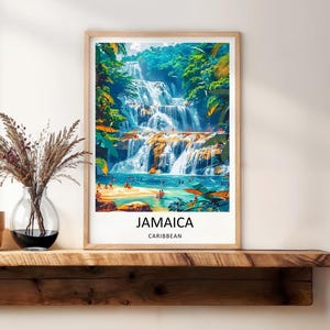 Evoking the peaceful warmth of a Caribbean evening, this scenic travel poster captures the golden hour sun setting over the hills of Ocho Rios. Gentle orange and pink light reflects beautifully off the ocean waves and sandy bays, creating an incredibly soothing and inviting atmosphere for a bedroom wall display.