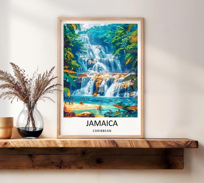 Evoking the peaceful warmth of a Caribbean evening, this scenic travel poster captures the golden hour sun setting over the hills of Ocho Rios. Gentle orange and pink light reflects beautifully off the ocean waves and sandy bays, creating an incredibly soothing and inviting atmosphere for a bedroom wall display.