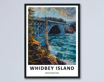 Whidbey Island Poster Deception Pass Bridge Canvas Print Washington Framed Coastal Wall Art Gift