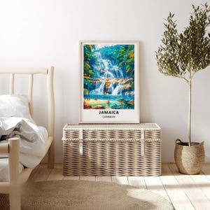 A breathtaking landscape print showcasing the magnificent cascading tiers of Dunn's River Falls in Jamaica. Cool, clear river water streams down smooth limestone rocks, surrounded by a dense, vibrant green tropical rainforest canopy, creating a refreshing and nature-filled tropical statement piece for your home.