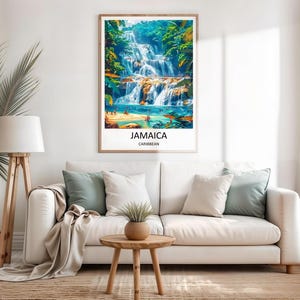 Capturing the idyllic beauty of Ocho Rios, this stunning beach canvas print highlights a peaceful white sand shoreline meeting the brilliant turquoise and azure waters of the Caribbean Sea. Swaying palm trees lean over the coast under a sunny sky, bringing a relaxed island breeze directly to your living room.