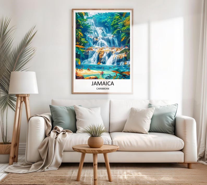 Capturing the idyllic beauty of Ocho Rios, this stunning beach canvas print highlights a peaceful white sand shoreline meeting the brilliant turquoise and azure waters of the Caribbean Sea. Swaying palm trees lean over the coast under a sunny sky, bringing a relaxed island breeze directly to your living room.