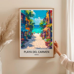 Contemporary Playa Del Carmen wall art highlighting the charming architecture, lush tropical plants, and inviting walkways of La Quinta Avenida. Perfect for a modern living room, kitchen, or patio entryway, this striking print is available as a framed piece or gallery canvas from MapYourDreams.