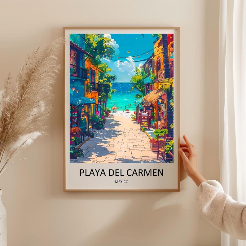 Contemporary Playa Del Carmen wall art highlighting the charming architecture, lush tropical plants, and inviting walkways of La Quinta Avenida. Perfect for a modern living room, kitchen, or patio entryway, this striking print is available as a framed piece or gallery canvas from MapYourDreams.