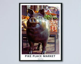 Pike Place Market Seattle Poster Rachel the Pig Print Canvas Framed Wall Decor