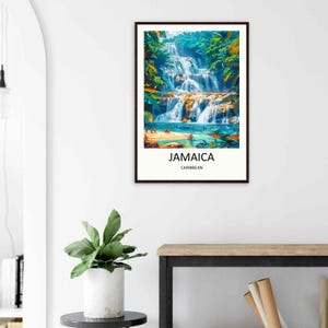 Celebrating the adventurous spirit of Jamaica, this dynamic travel illustration depicts hikers exploring the natural terraced pools of a famous jungle waterfall. The vibrant emerald foliage and rushing white water create an energizing, exotic focal point perfect for a modern office or hallway gallery wall.