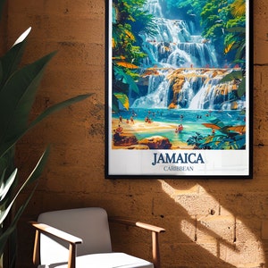 A beautiful print of Jamaicas Dunns River Falls, highlighting the natural elegance and serene ambiance of the waterfall. This artwork is a timeless reminder of the beauty of Jamaicas landscapes.