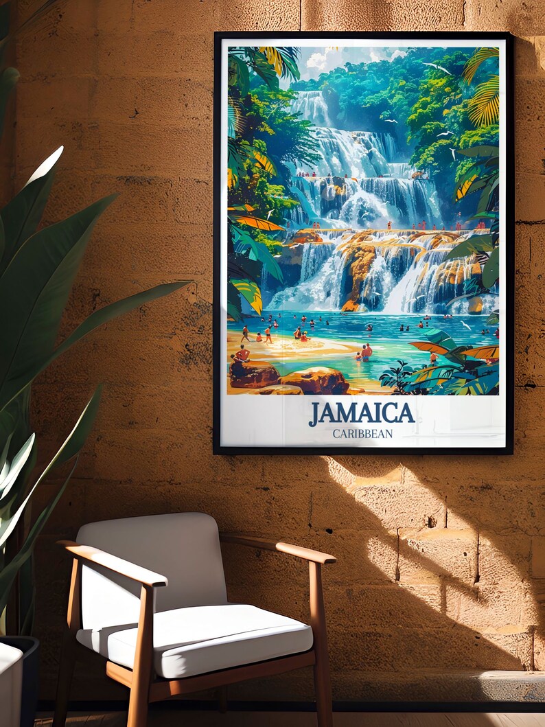 A beautiful print of Jamaicas Dunns River Falls, highlighting the natural elegance and serene ambiance of the waterfall. This artwork is a timeless reminder of the beauty of Jamaicas landscapes.