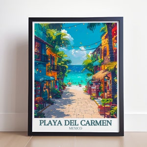 Vibrant Mexico Artwork depicting Playa Del Carmen. Highlights the lively La Quinta Avenida and the beautiful Caribbean Sea. Perfect for creating a relaxing atmosphere in any room and reminding you of sunny beach days.