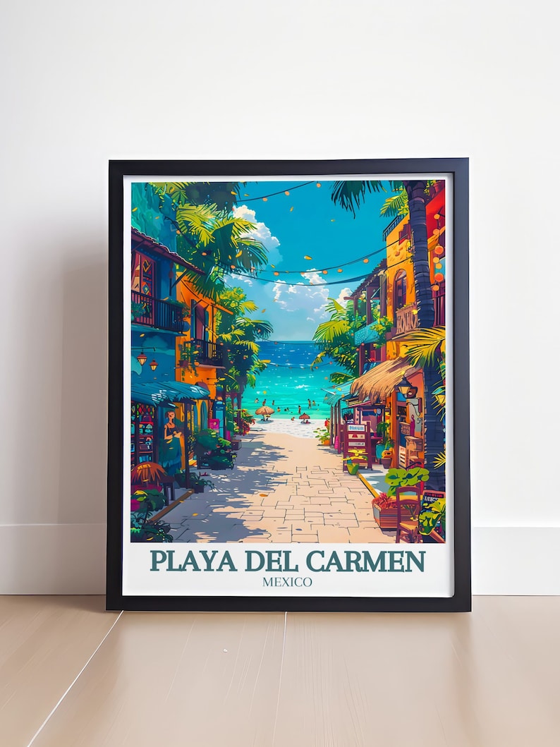 Vibrant Mexico Artwork depicting Playa Del Carmen. Highlights the lively La Quinta Avenida and the beautiful Caribbean Sea. Perfect for creating a relaxing atmosphere in any room and reminding you of sunny beach days.