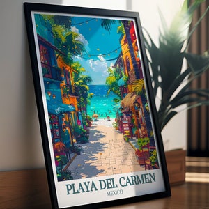 Eye-catching Playa Carmen Print featuring La Quinta Avenida and the turquoise Caribbean Sea. This Mexico Travel Print adds a touch of adventure to any space and makes a thoughtful travel gift.