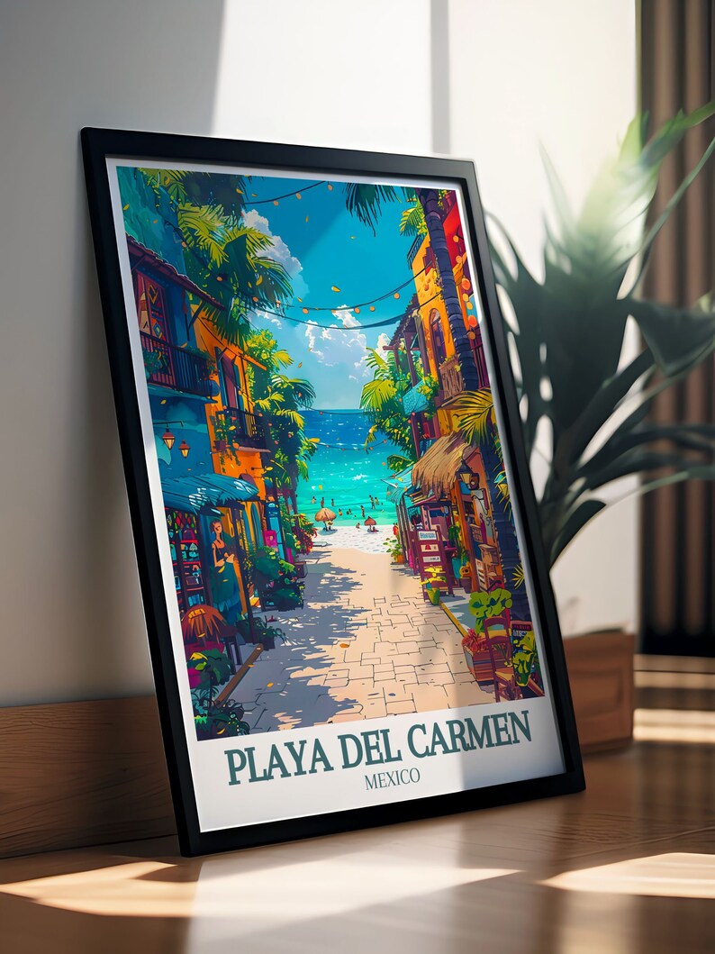 Eye-catching Playa Carmen Print featuring La Quinta Avenida and the turquoise Caribbean Sea. This Mexico Travel Print adds a touch of adventure to any space and makes a thoughtful travel gift.