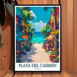 Beautiful Playa Carmen Travel Print highlighting La Quinta Avenida. The stunning Caribbean Sea adds a touch of serenity. Perfect for those who appreciate Mexican culture and want to showcase it in their home.