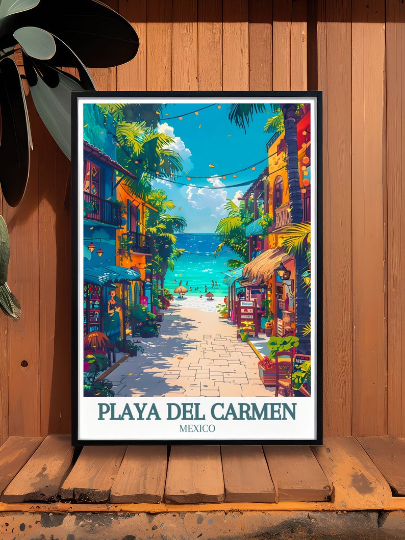 Beautiful Playa Carmen Travel Print highlighting La Quinta Avenida. The stunning Caribbean Sea adds a touch of serenity. Perfect for those who appreciate Mexican culture and want to showcase it in their home.
