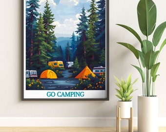 Go Camping Art Print, Forest Tent Camping Poster, Mountain Wilderness Wall Art, Outdoor Adventure Gift, Minimalist Nature Landscape Decor