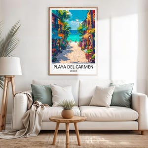 Showcasing the stunning Caribbean coastline of Mexico, this Playa Del Carmen art print features leaning palm trees, turquoise ocean waters, and soft white sand beaches under a sunny sky. A serene piece of tropical decor, it is available as a premium framed print or vibrant gallery canvas from MapYourDreams.