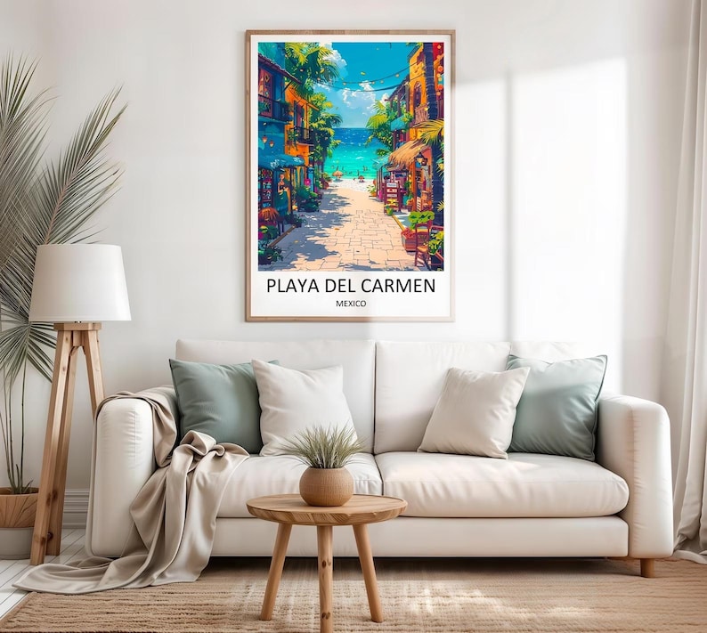 Showcasing the stunning Caribbean coastline of Mexico, this Playa Del Carmen art print features leaning palm trees, turquoise ocean waters, and soft white sand beaches under a sunny sky. A serene piece of tropical decor, it is available as a premium framed print or vibrant gallery canvas from MapYourDreams.