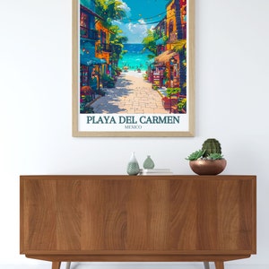 Unique Playa Carmen Artwork capturing the essence of La Quinta Avenida. The Caribbean Sea's blue hues create a tranquil setting. Perfect for enhancing your home decor and celebrating Mexican culture.